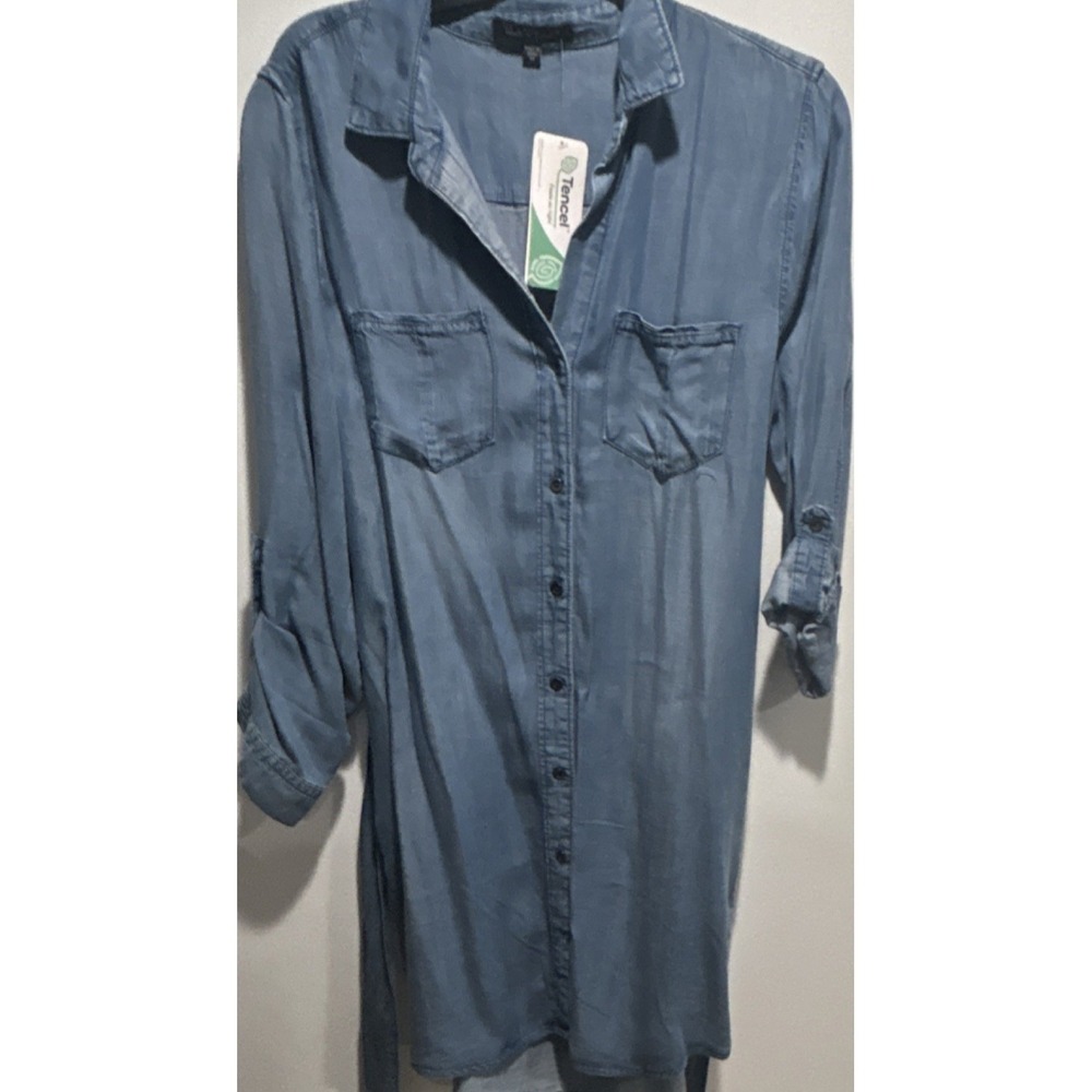 NEW Velvet Heart Blue Tencel Collared Tunic Blouse M Button Belt Roll Tab Sleeve